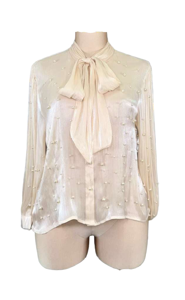 Tie and pearls long sleeve blouse