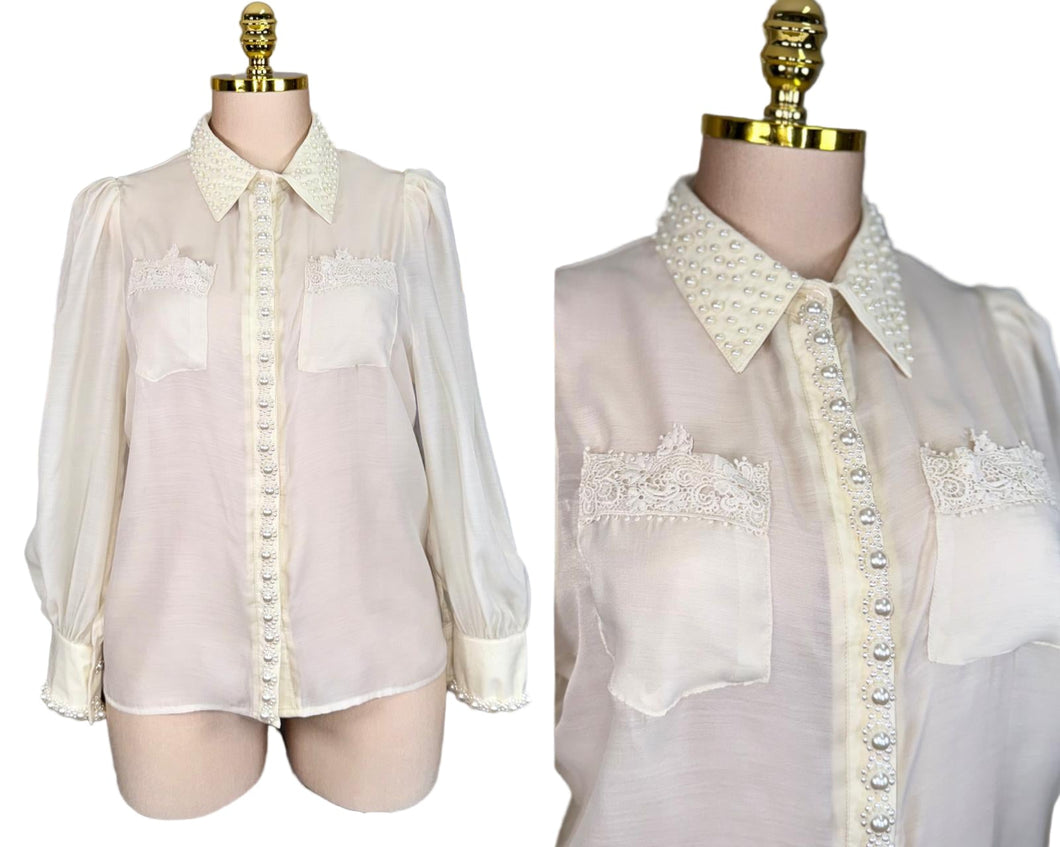 Pearls collar organza shirt