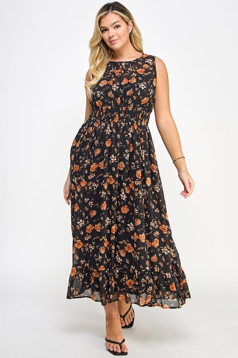 Elastic waist rust floral ankle dress