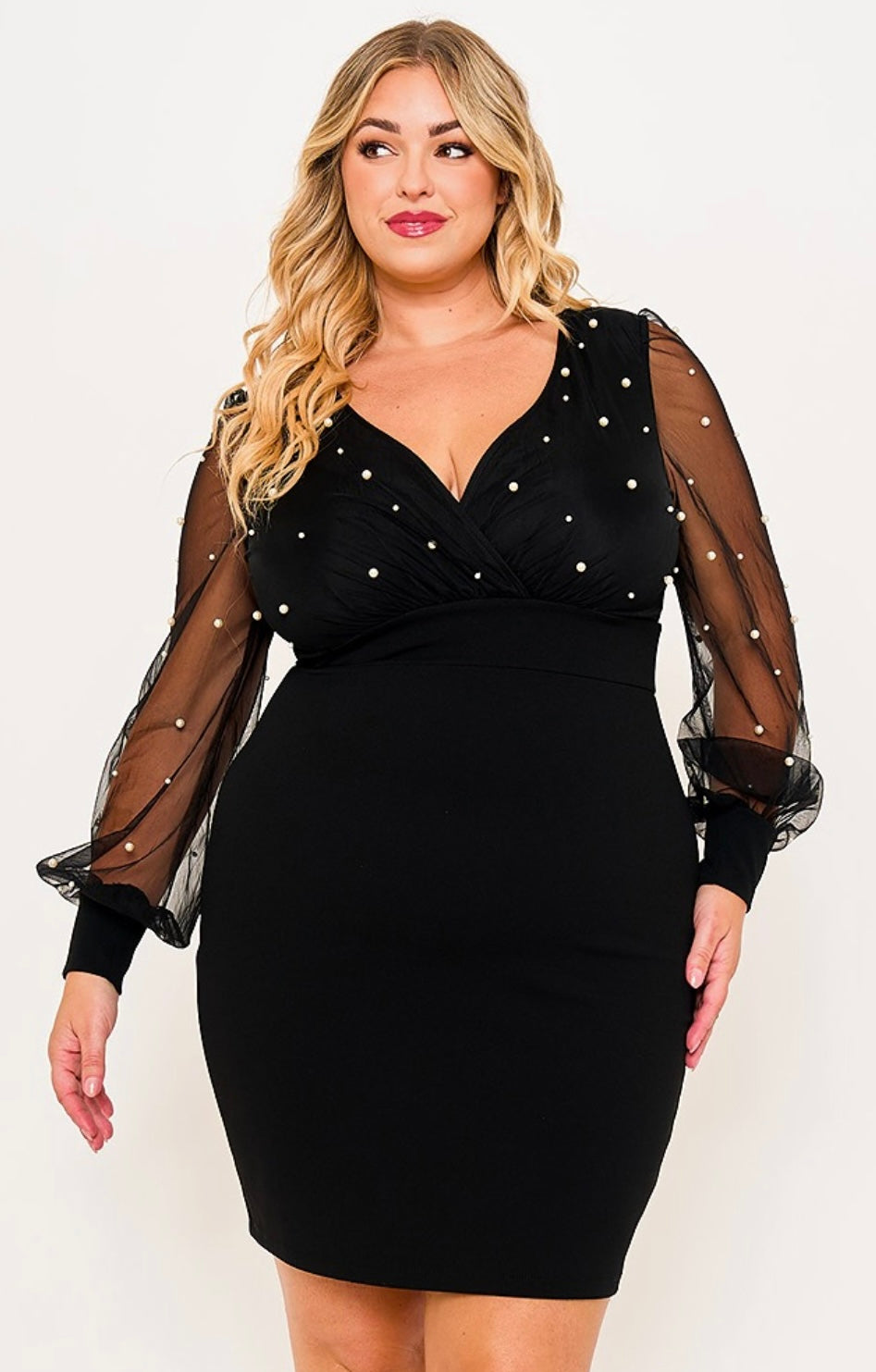 Long sleeve pearls on short dress