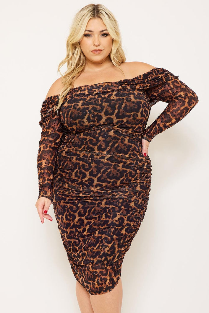Studs animal print off shoulder dress