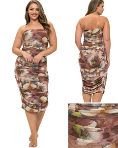 Floral mesh rouched tank dress