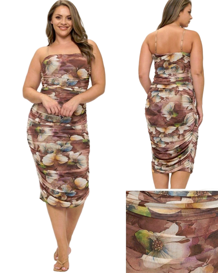 Floral mesh rouched tank dress