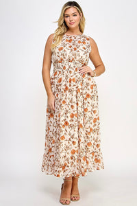 Elastic waist rust floral ankle dress